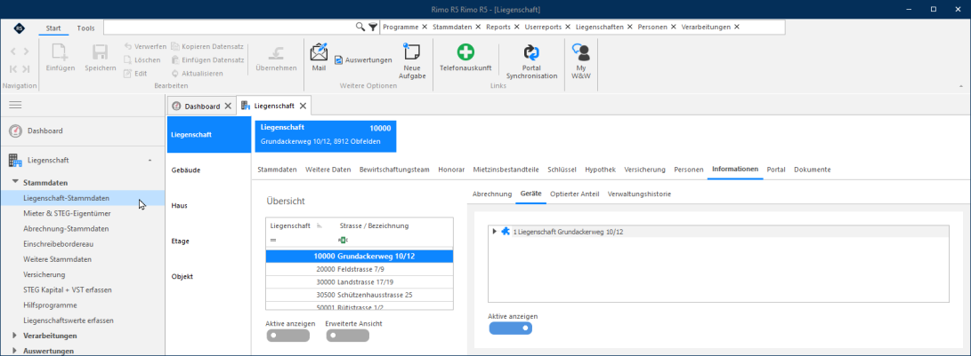 Screenshot: Geräteinformationen der Liegenschaft