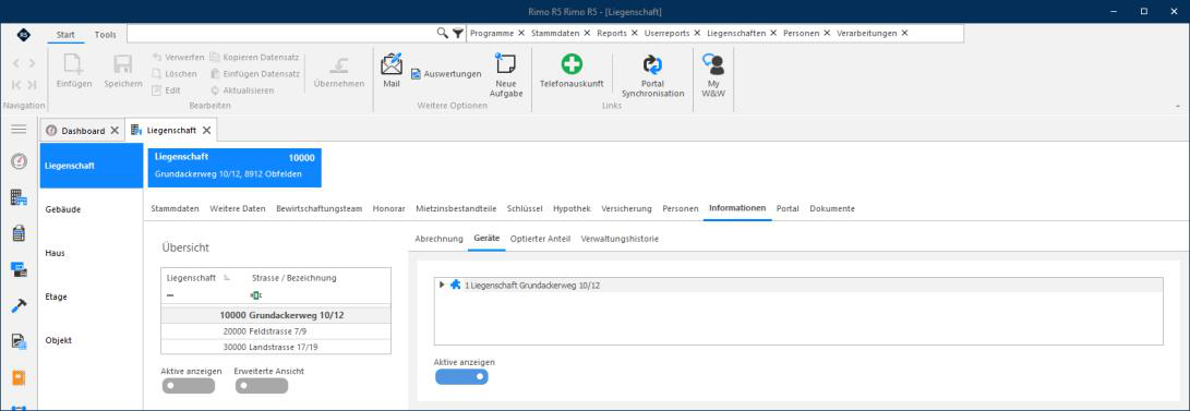 Screenshot: Register «Dokumente» in den Liegenschaft-Stammdaten