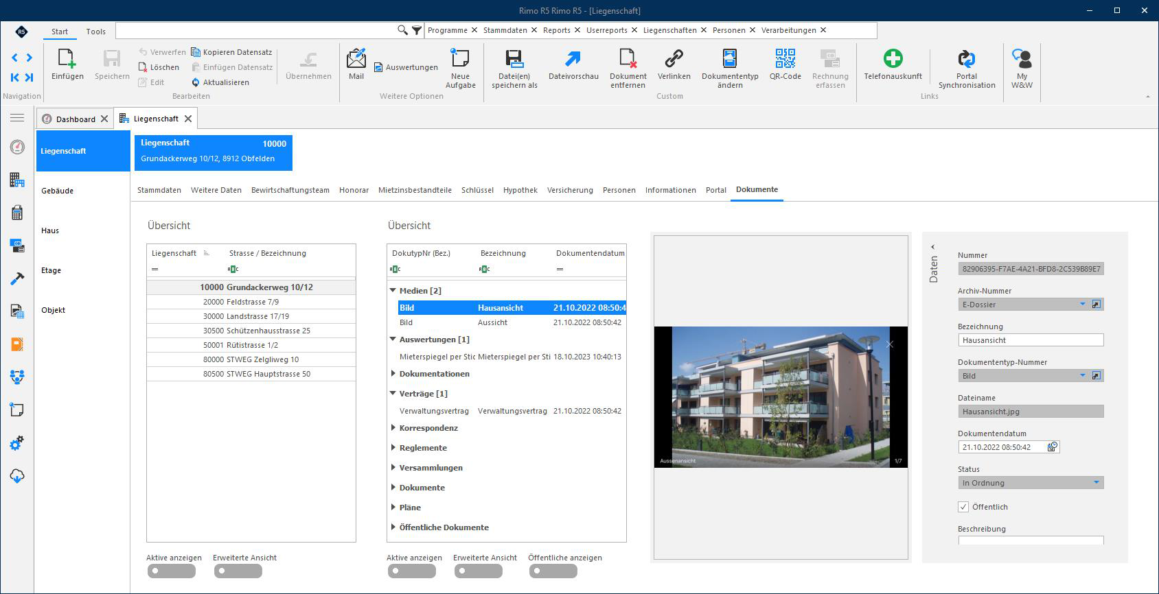 Screenshot: Register «Dokumente» der Liegenschaft als Ausgangspunkt für Funktionen