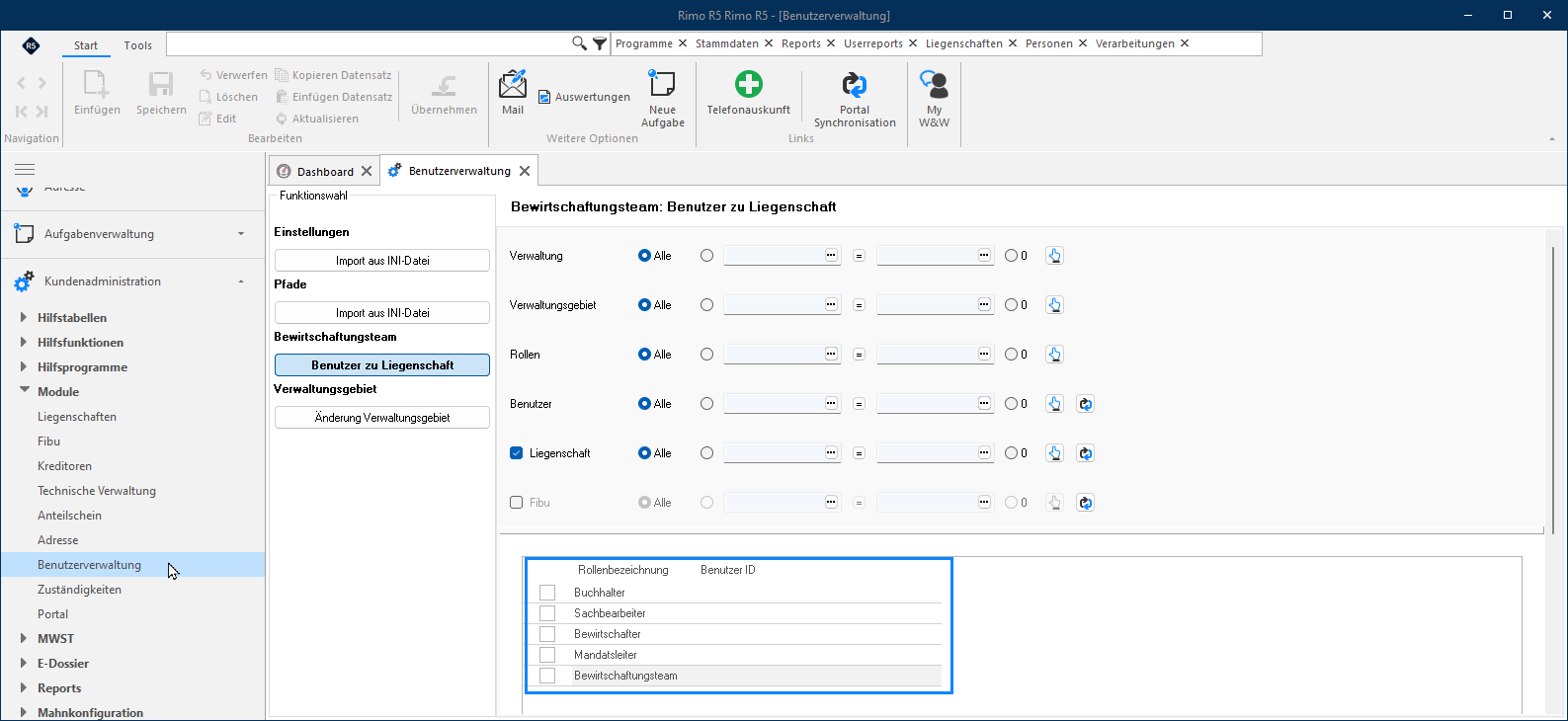 Screenshot: Hilfsfunktion «Benutzer zu Liegenschaft» mit Rollen im Bewirtschaftungsteam