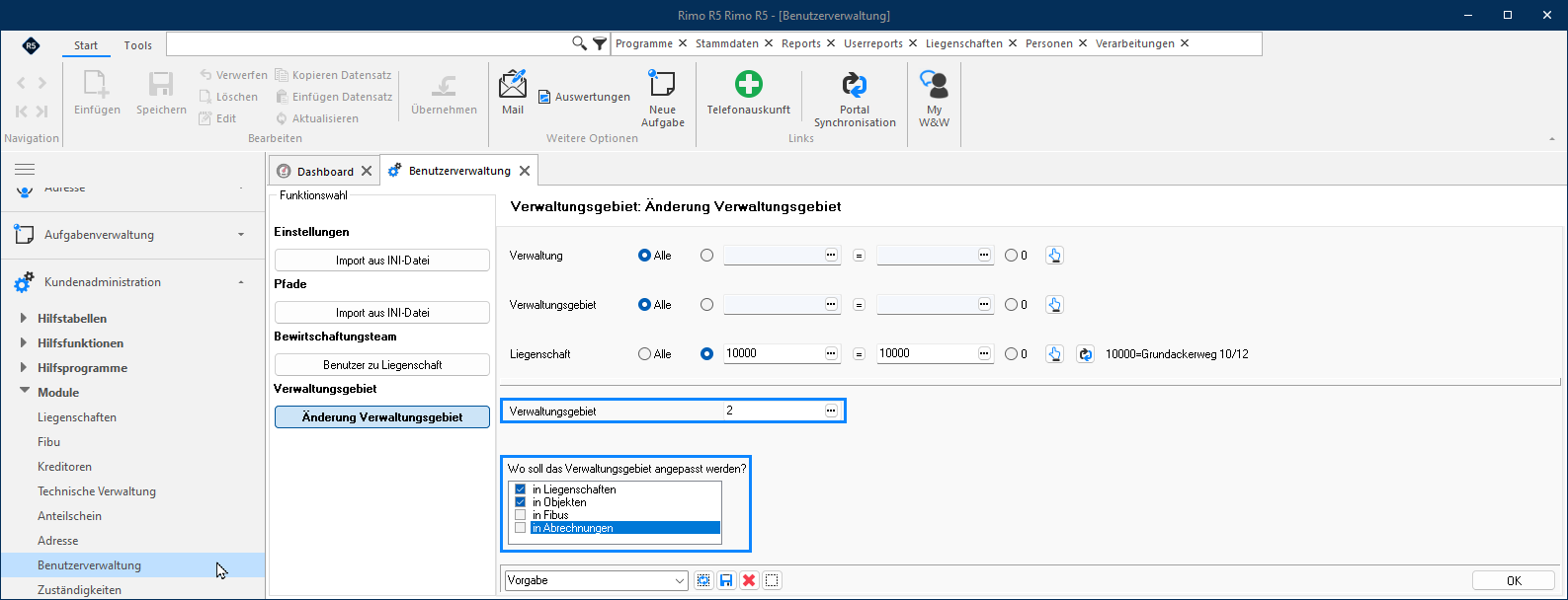 Screenshot: Hilfsfunktion zur Änderung des Verwaltungsgebiets