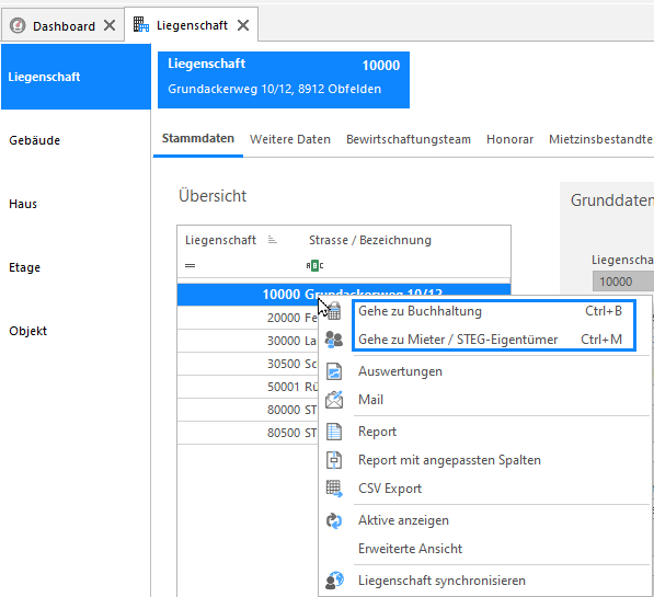 Screenshot: Kontextmenü der Liegenschaft mit Absprung zu Buchhaltung oder Mieter und STEG-Eigentümer