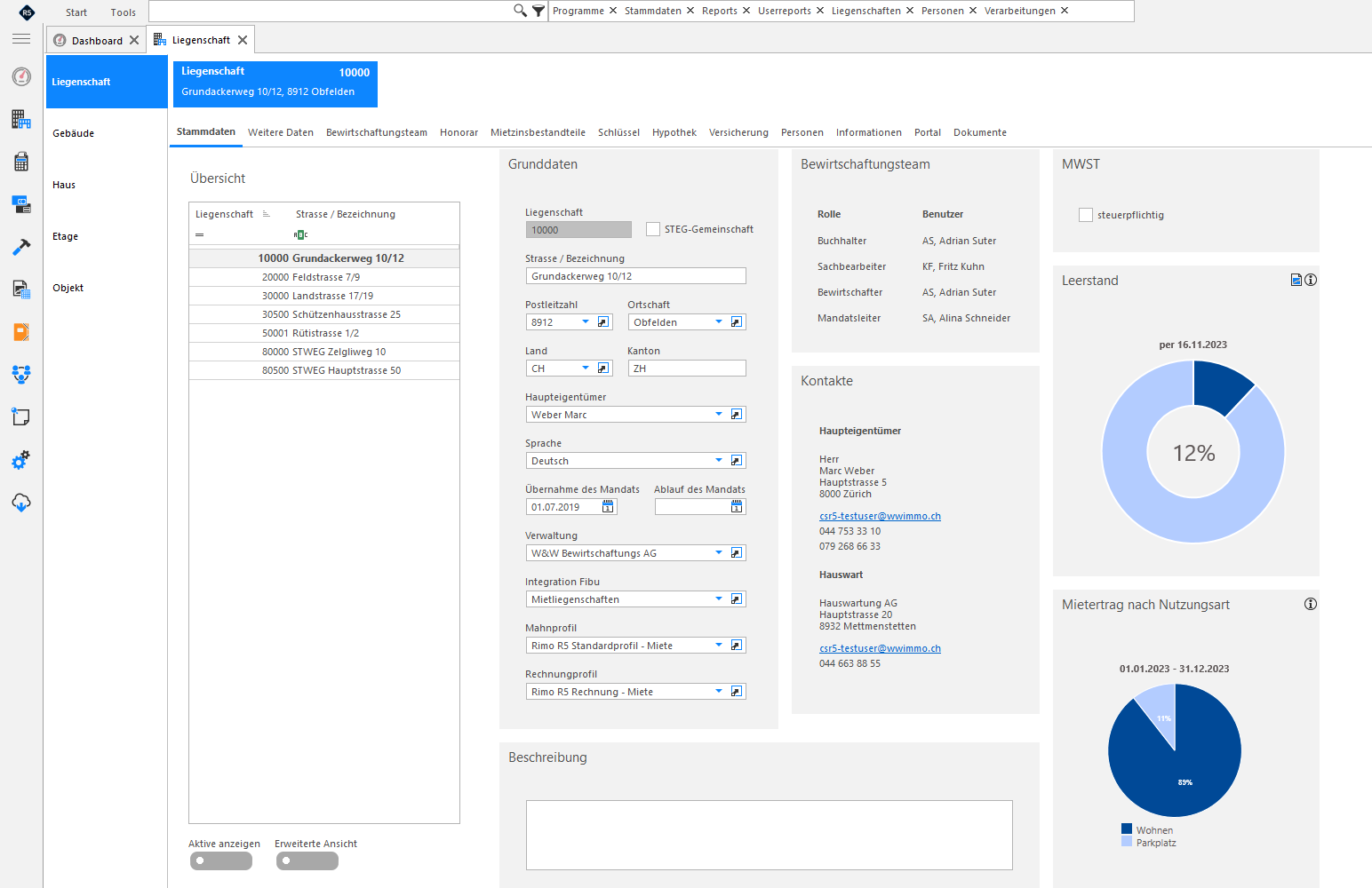 Screenshot: Register Stammdaten der Liegenschaft mit Grunddaten, Bewirtschaftung und MWST