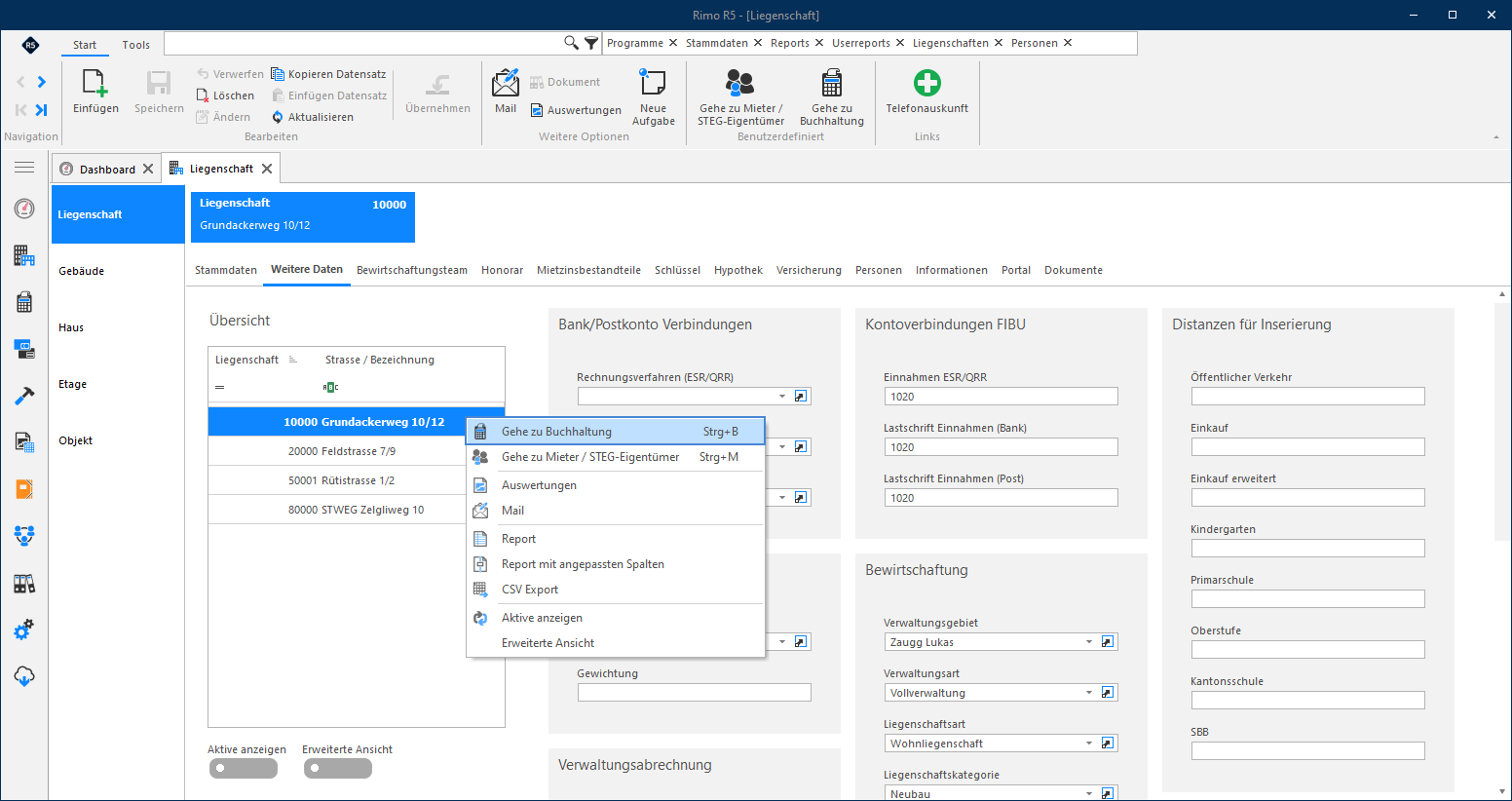 Screenshot: Kontextmenü in den Liegenschaft-Stammdaten mit Absprung zur Buchhaltung oder zu Mieter und STEG-Eigentümer