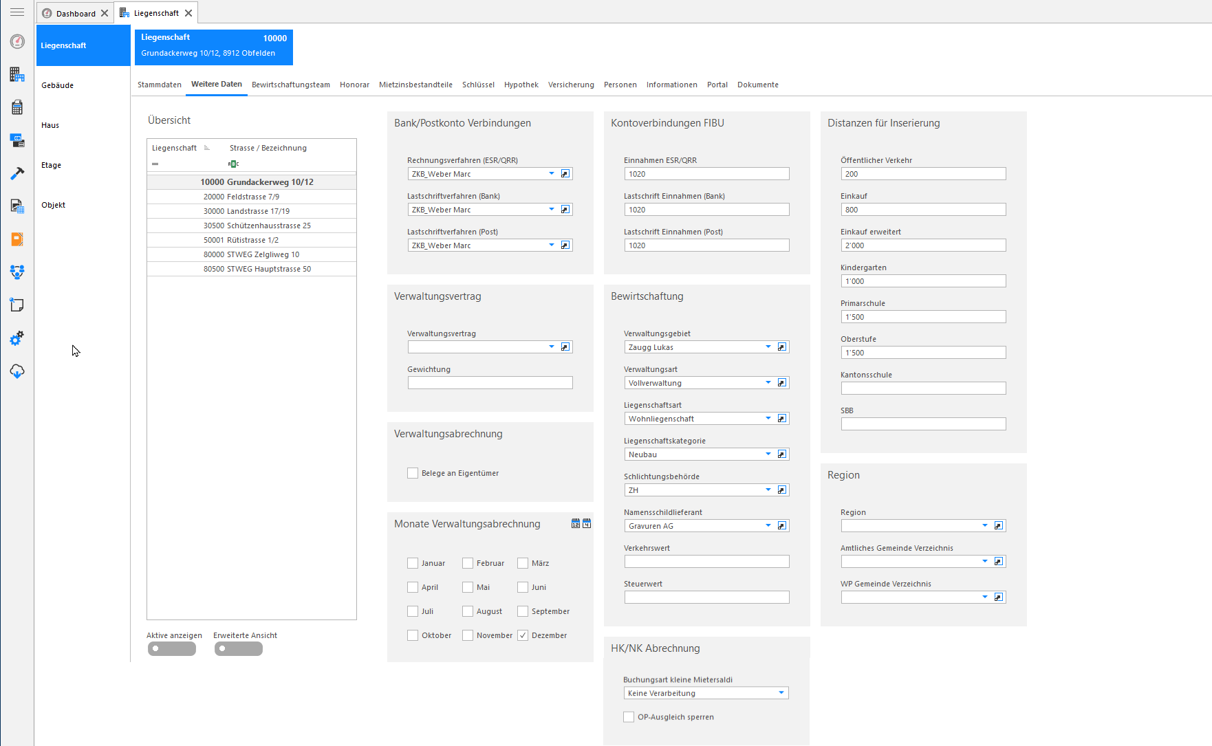 Screenshot: Register Weitere Daten der Liegenschaft mit Konto- und Zahlverbindungen