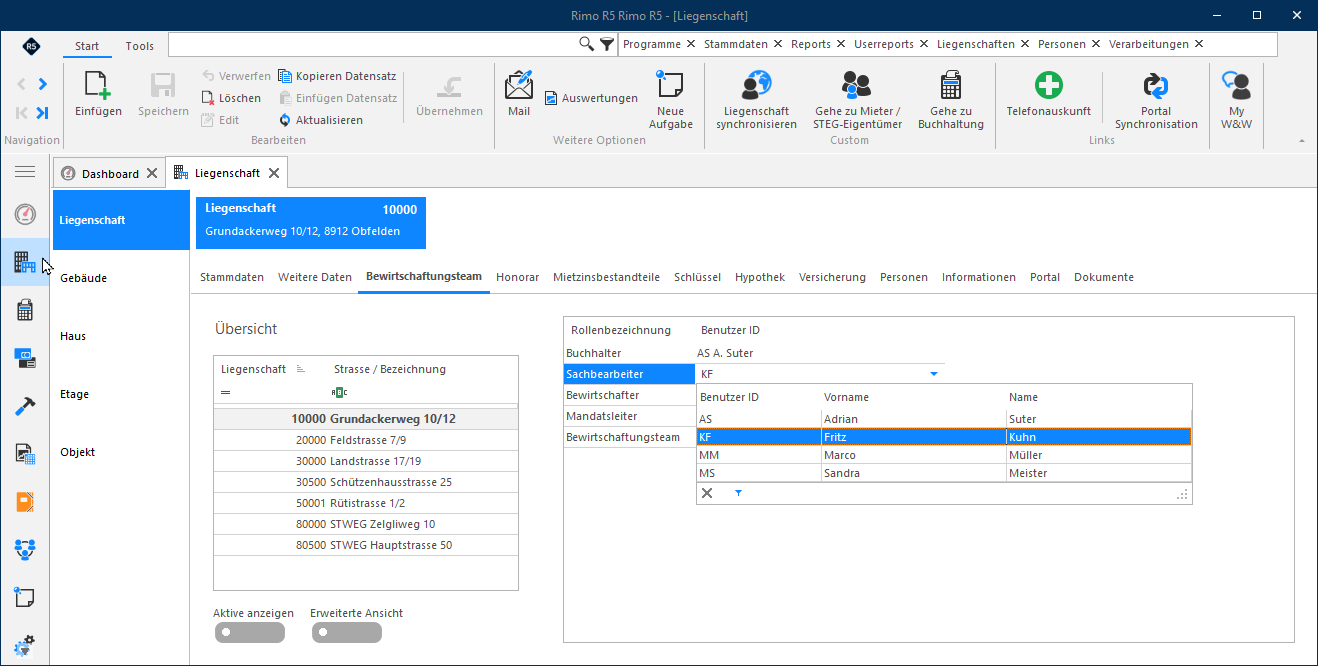Screenshot: Register Bewirtschaftungsteam mit zugewiesenen Rollen und Mitarbeitenden