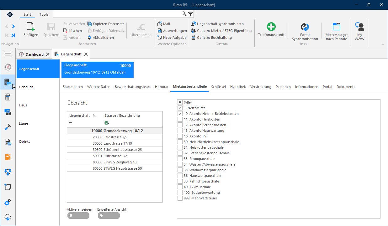 Screenshot: Register Mietzinsbestandteile mit der Auswahl der Bestandteile für die Liegenschaft
