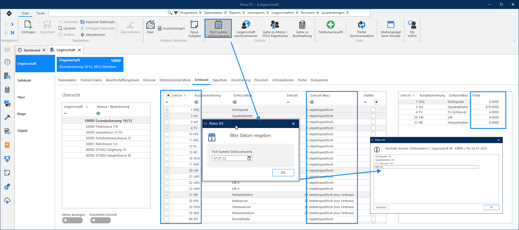 Screenshot: Liegenschaft-Stammdaten mit Registerkarten für Hypothek und Versicherung