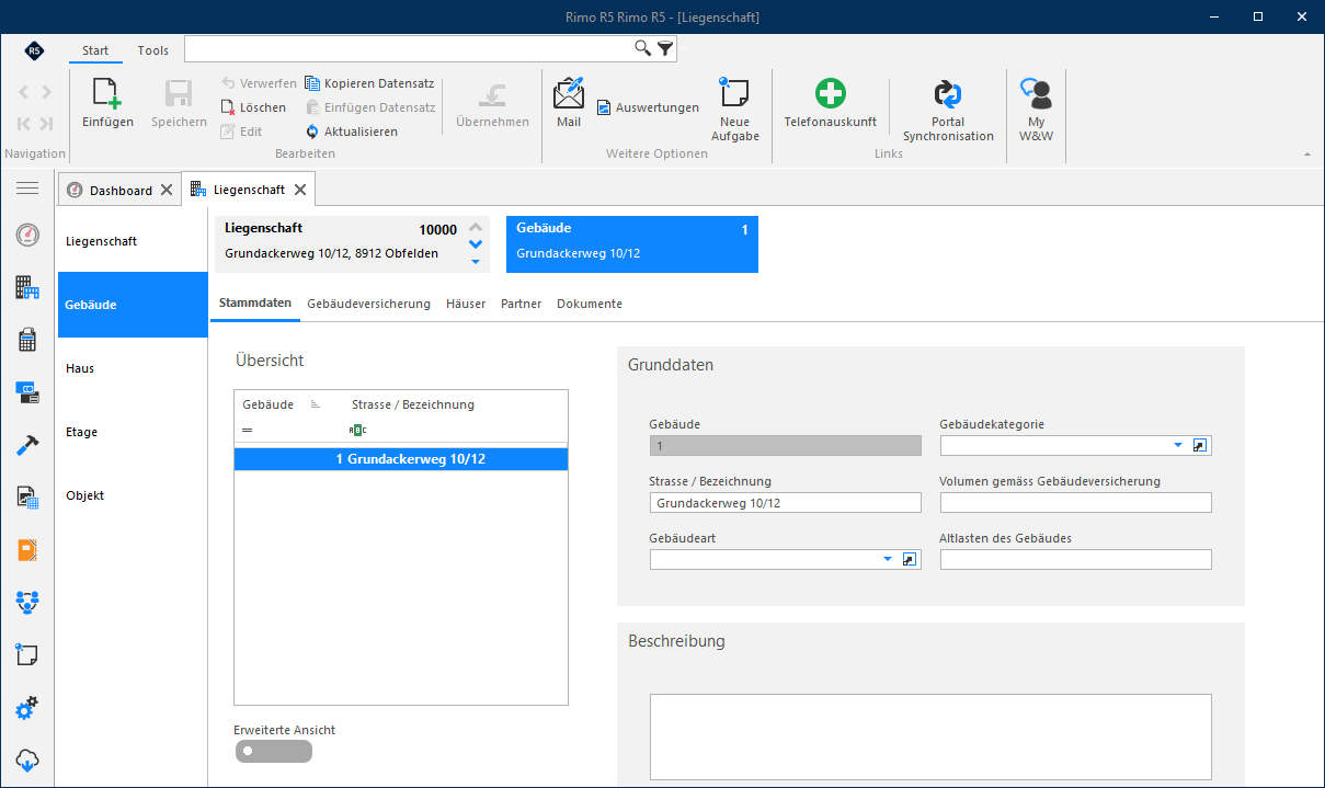 Screenshot: Gebäude-Stammdaten mit Übersicht und Grunddaten