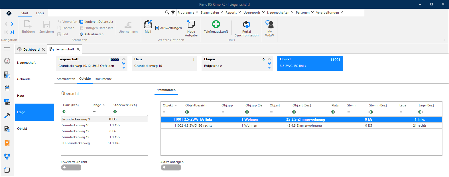 Screenshot: Etage – Übersicht der Objekte zur ausgewählten Etage