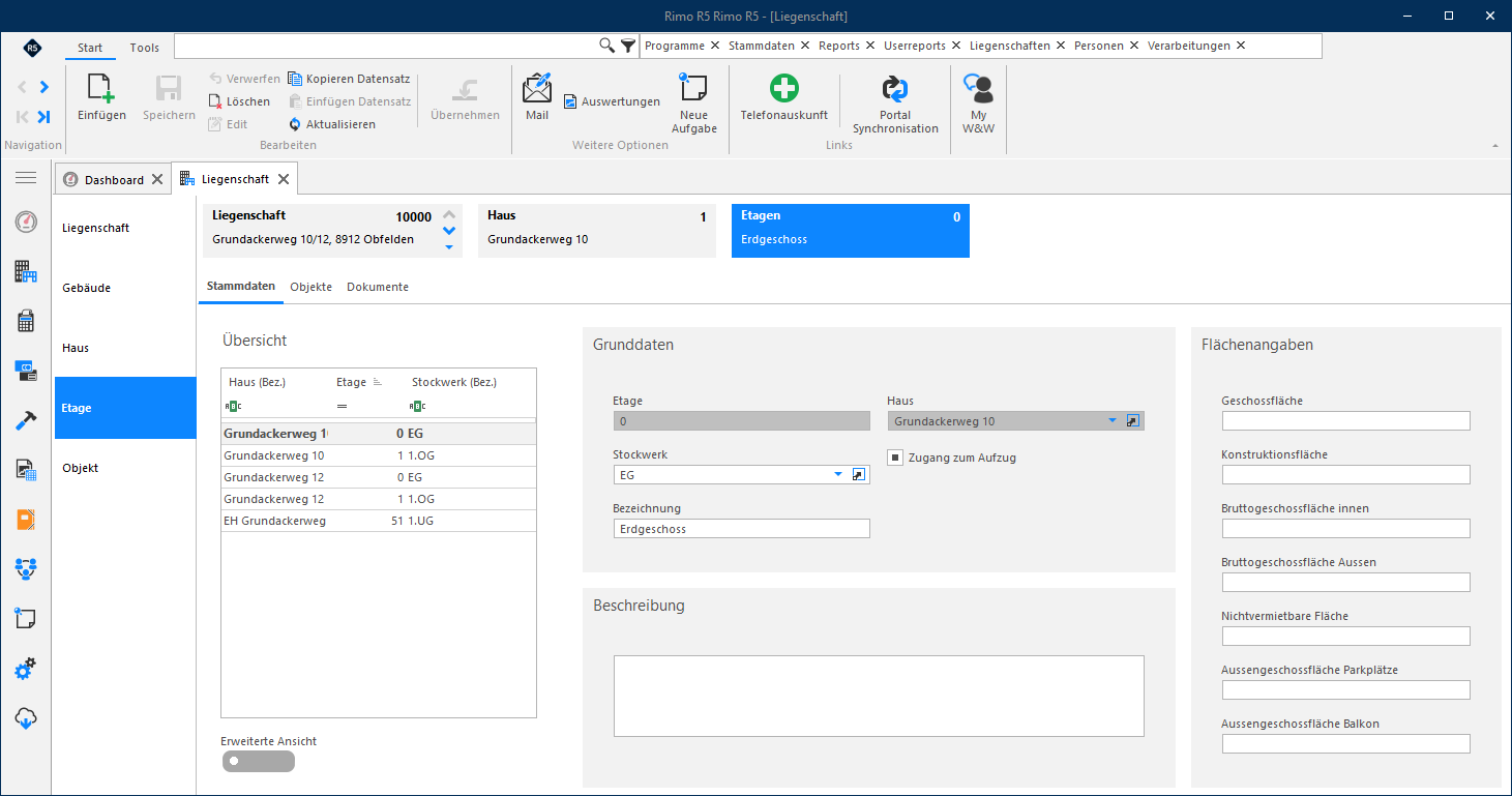 Screenshot: Etage – Register Objekte mit Grunddaten der ausgewählten Etage
