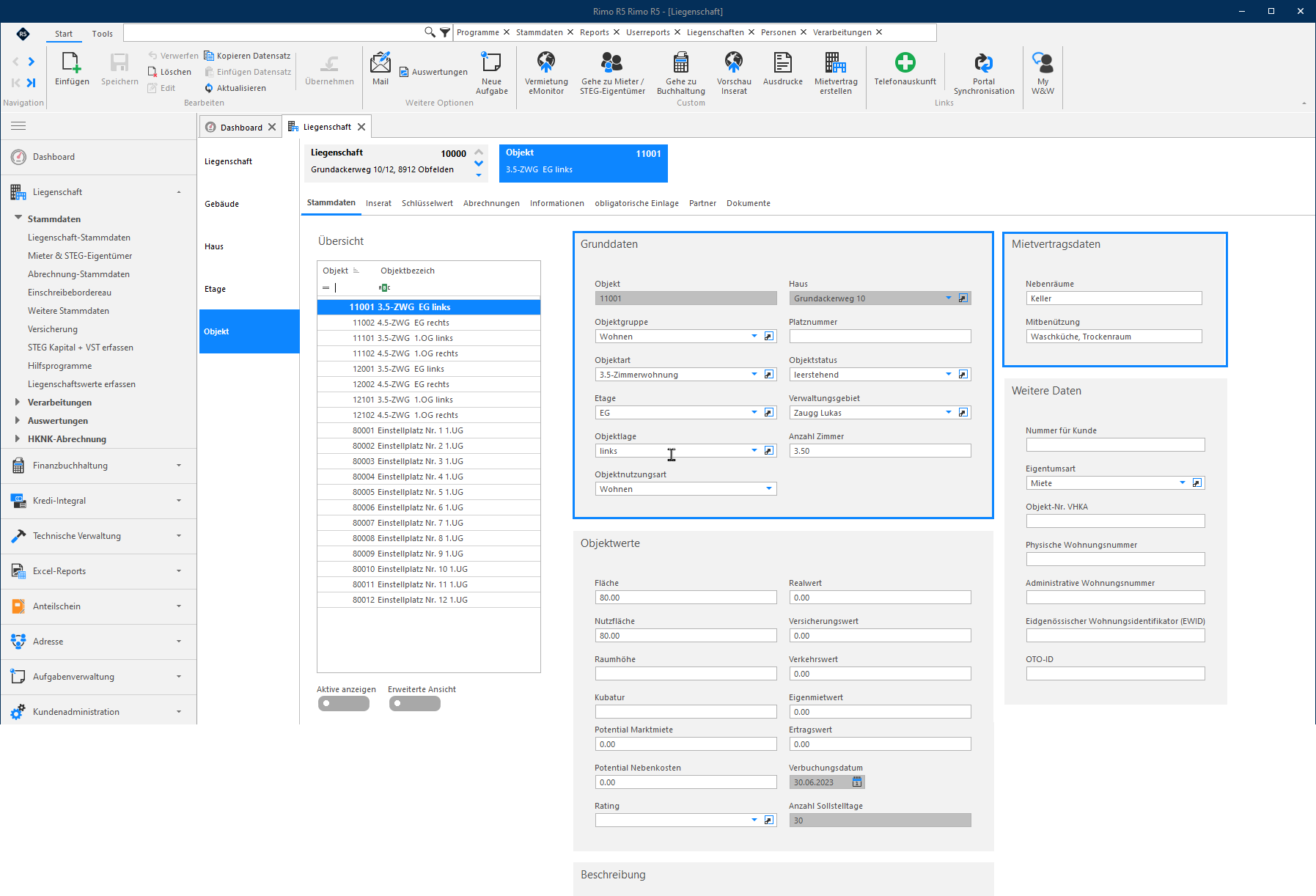 Screenshot: Objekt – Stammdaten mit Übersicht sowie Grund- und Mietvertragsdaten