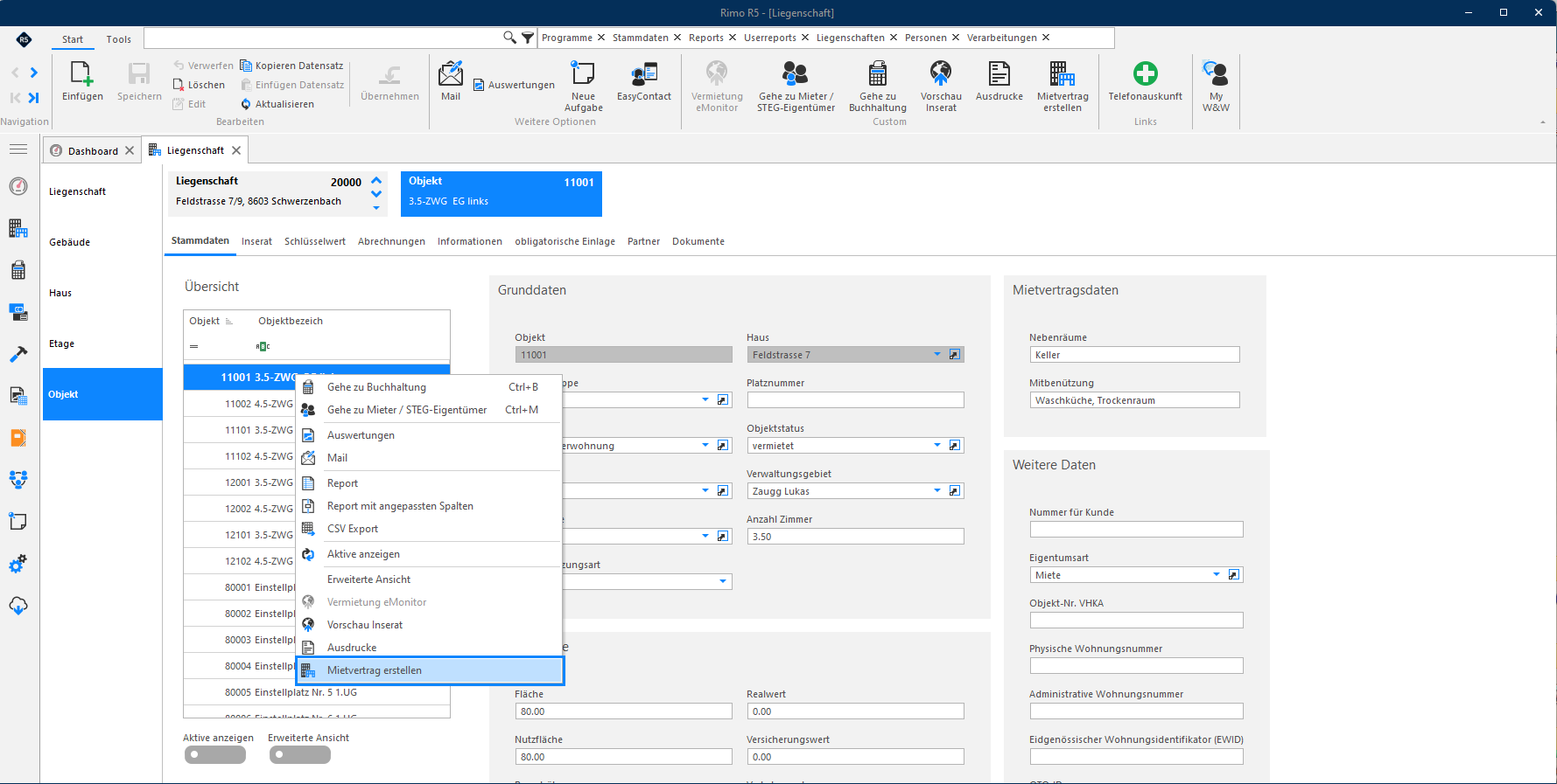 Screenshot: Objekt – Kontextmenü zum Starten des Mietvertrag-Erfassungsassistenten