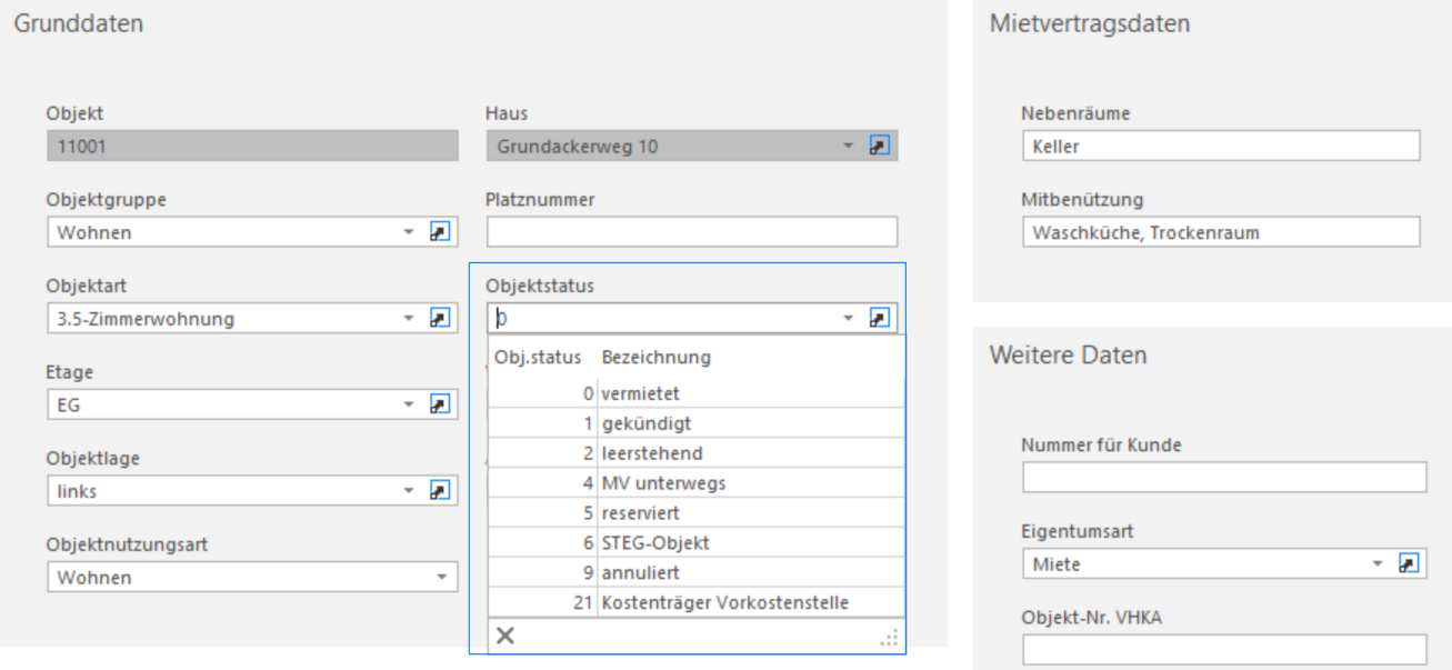Screenshot: Objekt – Auswahlfeld für den Objektstatus