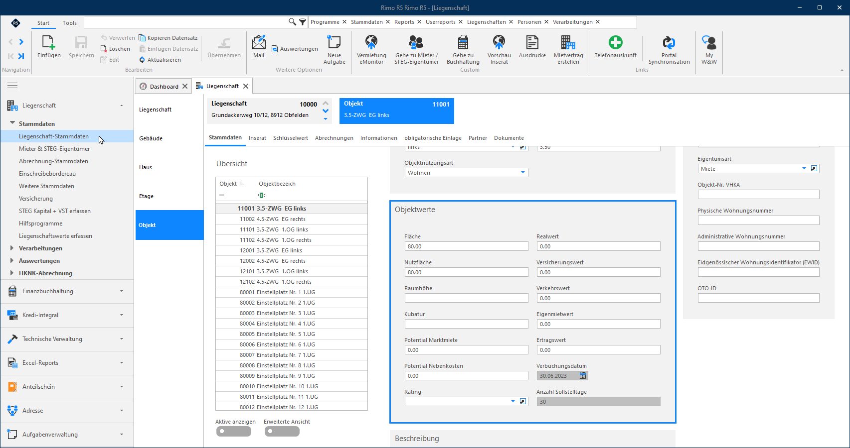 Screenshot: Objekt – Box Objektwerte in den Stammdaten