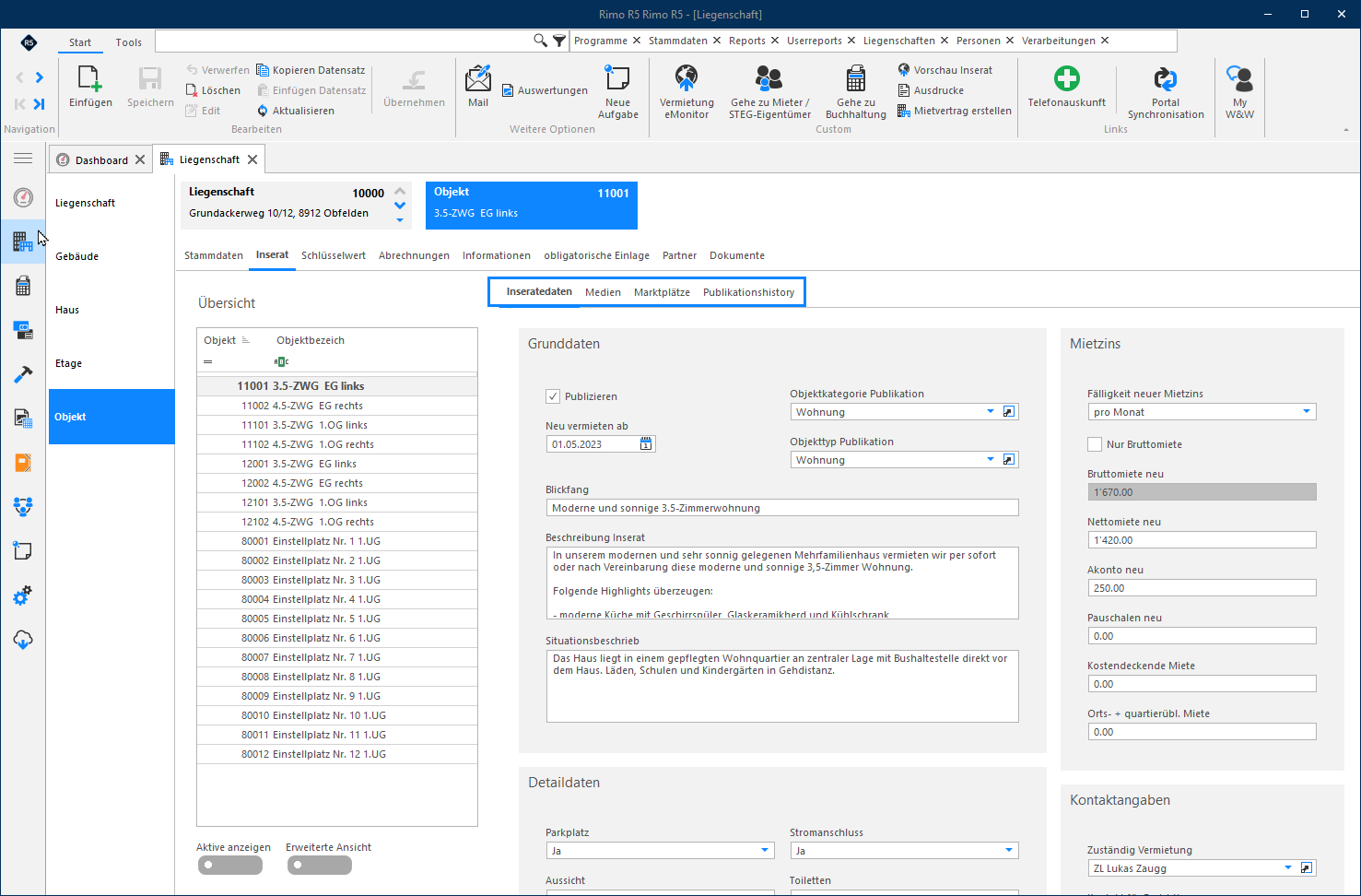 Screenshot: Objekt – Unterregister Inseratedaten
