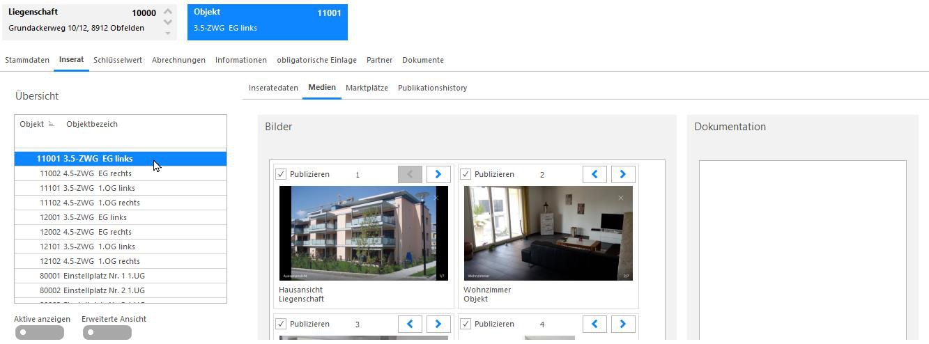 Screenshot: Objekt – Unterregister Medien mit Bildern zum Inserat