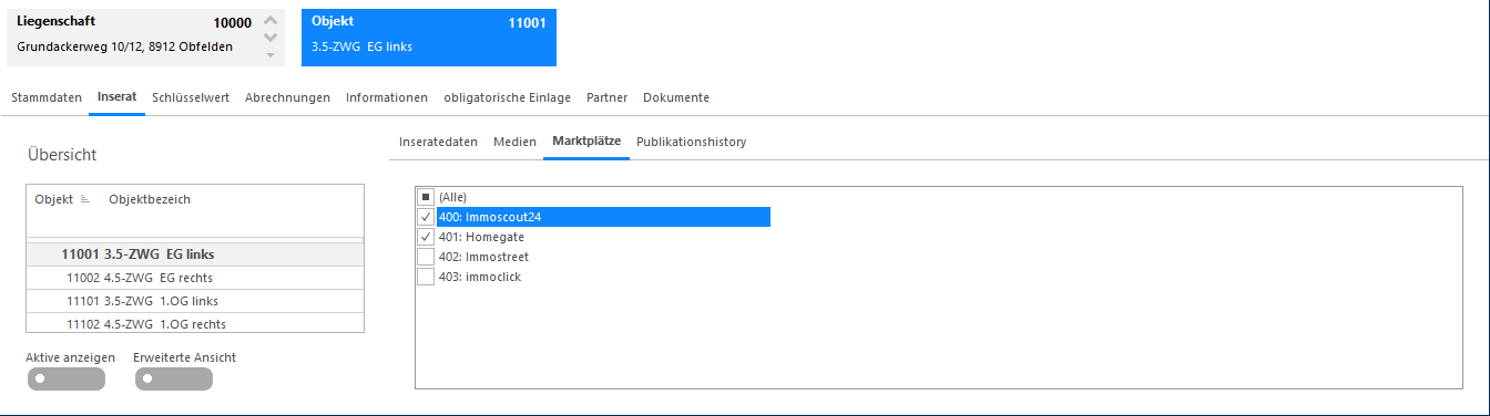 Screenshot: Objekt – Unterregister Marktplätze für die Inseratpublikation