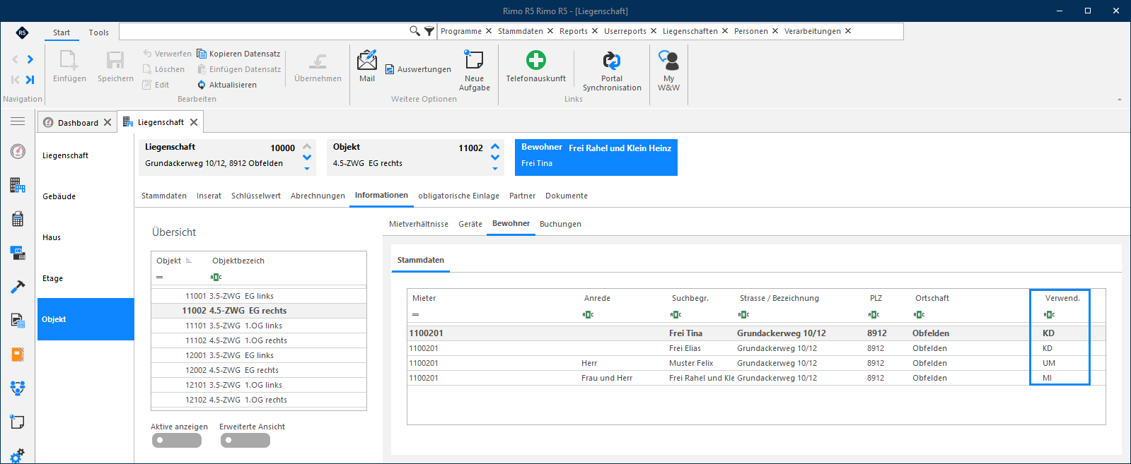 Screenshot: Objekt – Unterregister Bewohner mit Verwendungsarten