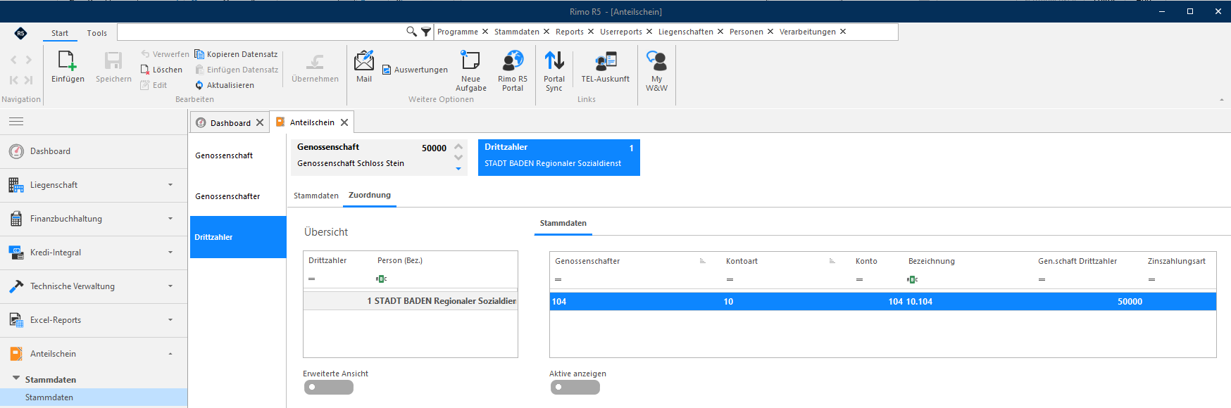 Screenshot: Register Zuordnung eines Drittzahlers mit zugewiesenen Genossenschafterkonti