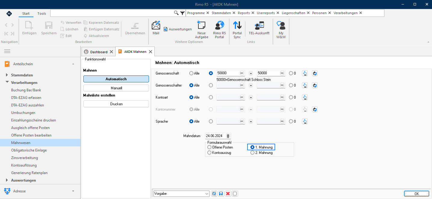 Screenshot: Automatisches Mahnen mit Selektionsfeldern und Formularwahl