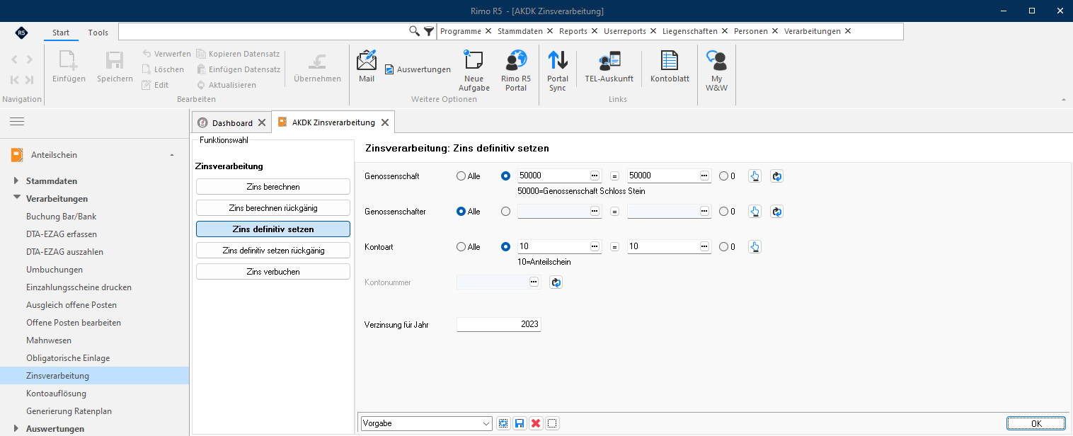 Screenshot: Zins definitiv setzen mit Selektion und zu verzinsendem Jahr