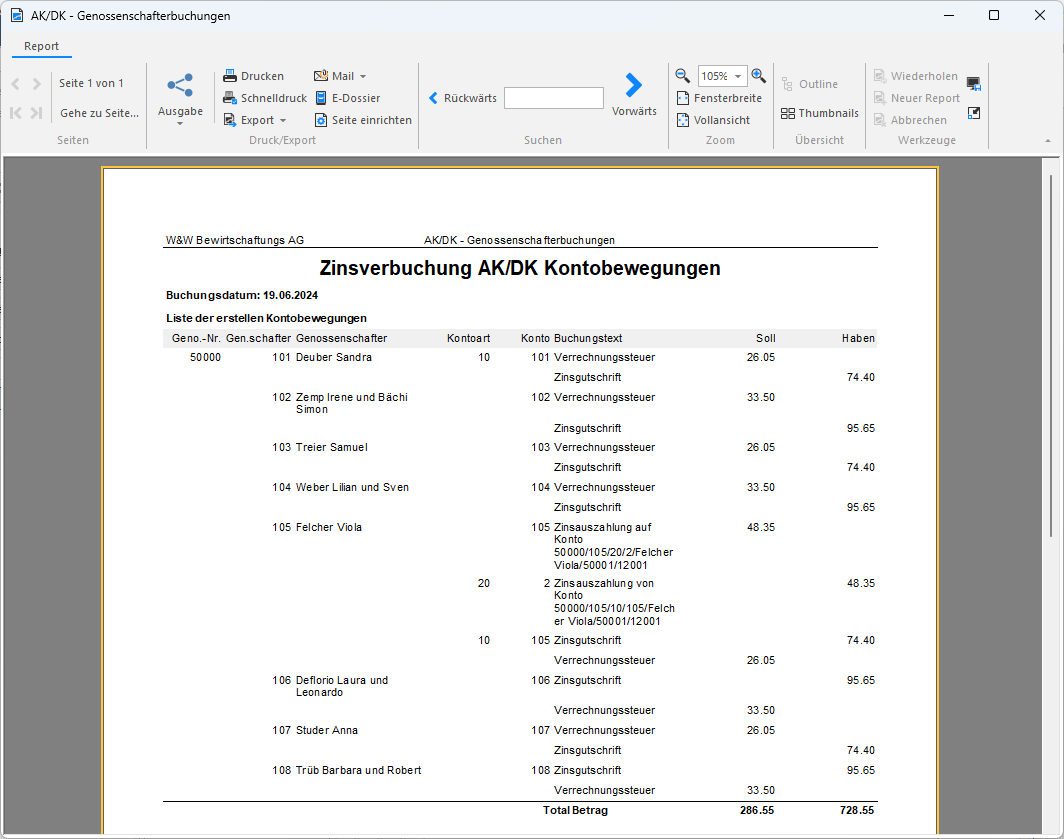 Screenshot: Journal AK/DK-Genossenschafterbuchungen