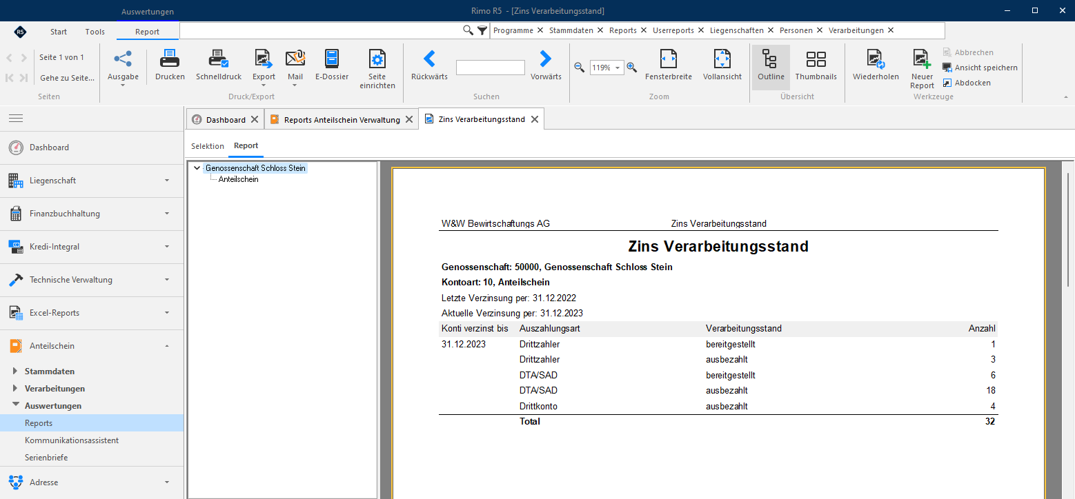 Screenshot: Report Zins Verarbeitungsstand