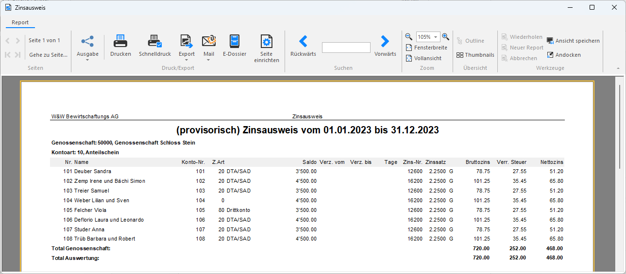 Screenshot: Zusammengefasster provisorischer Zinsausweis