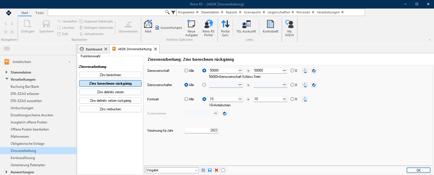 Screenshot: Zins berechnen rückgängig mit Selektion und zu verzinsendem Jahr