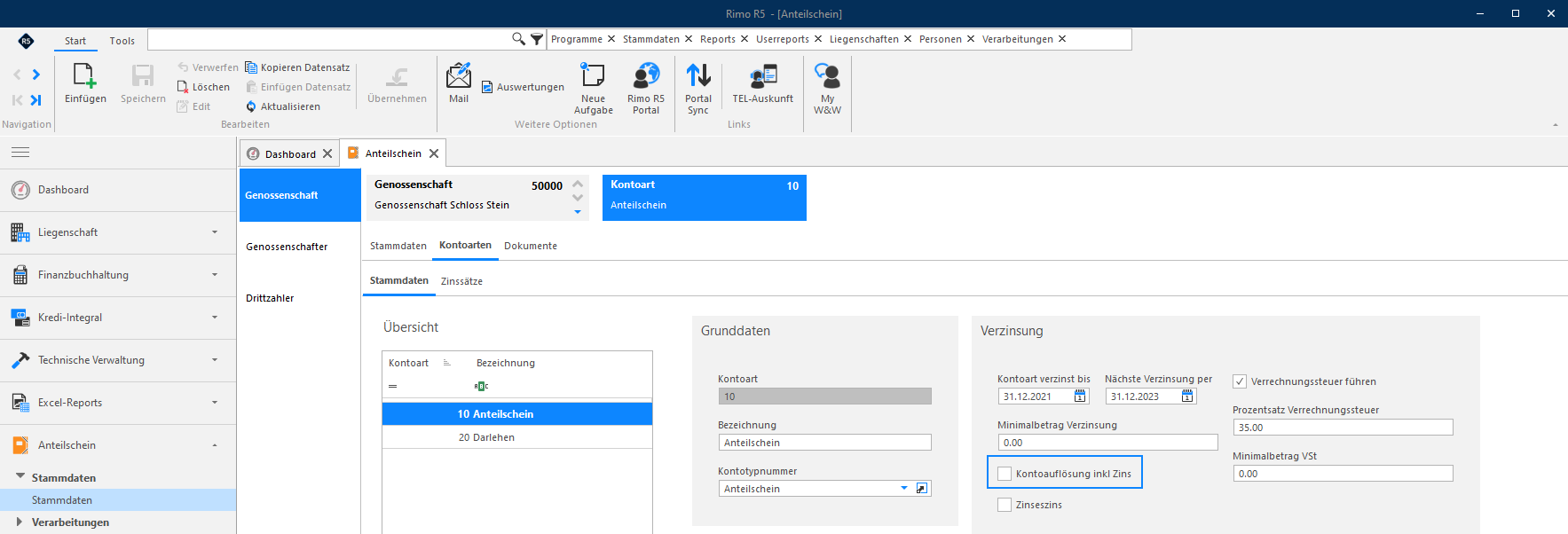 Screenshot: Kontoart-Stammdaten mit Flag Kontoauflösung inklusive Zins