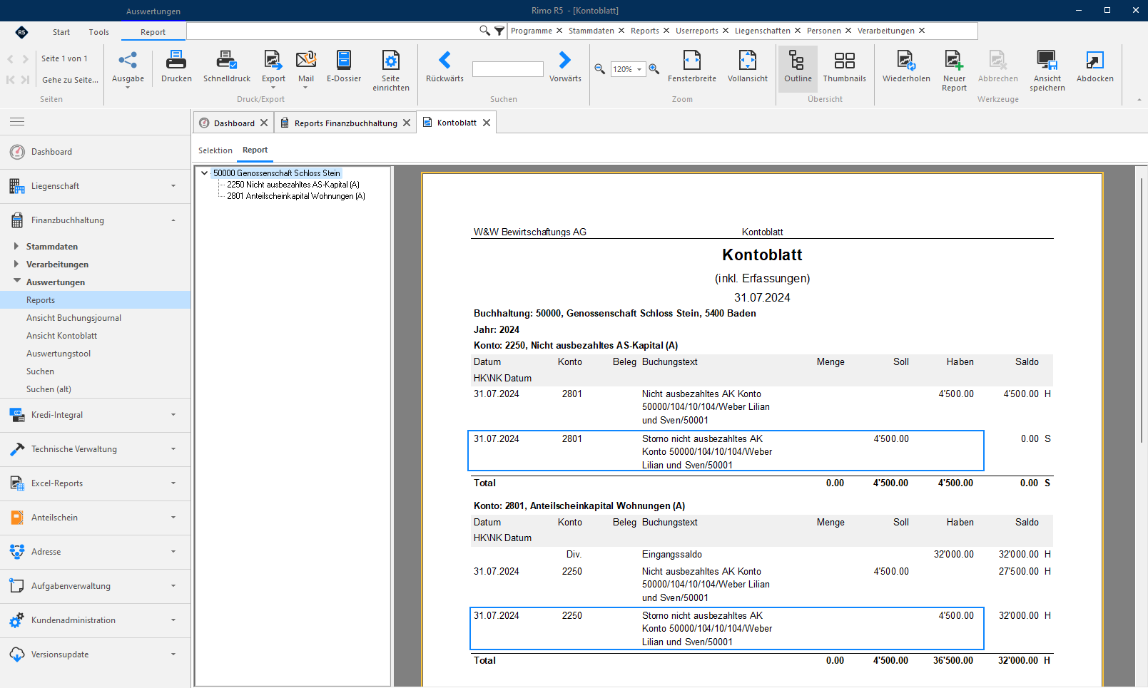 Screenshot: Report Kontoblatt mit FIBU-Stornobuchung nach Markierung aufheben