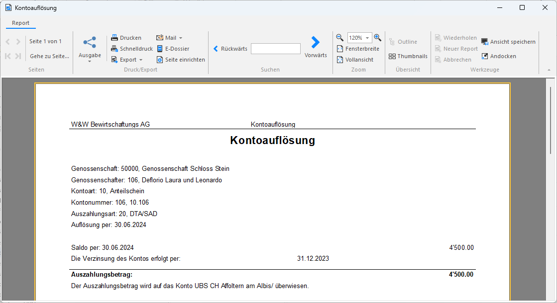 Screenshot: Journal Kontoauflösung