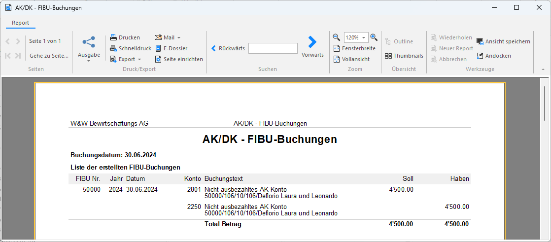 Screenshot: Journal AK/DK-FIBU-Buchungen nach Kontoauflösung