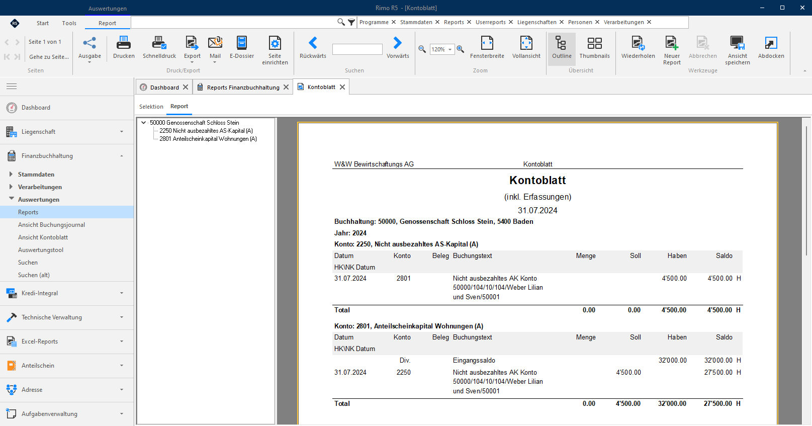 Screenshot: Report Kontoblatt mit FIBU-Buchung nach Auflösung markieren