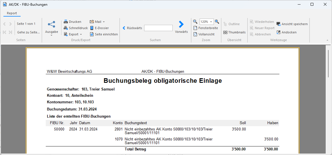 Screenshot: Buchungsbeleg zum Beenden einer obligatorischen Einlage ohne Auszahlung