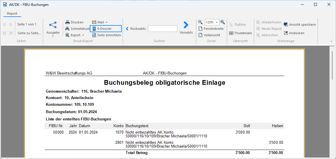 Screenshot: Buchungsbeleg zur Zuordnung einer obligatorischen Einlage