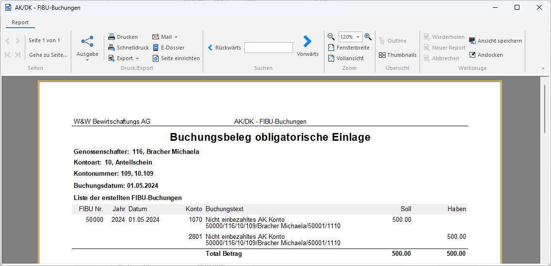 Screenshot: Buchungsbeleg zur Erhöhung einer obligatorischen Einlage