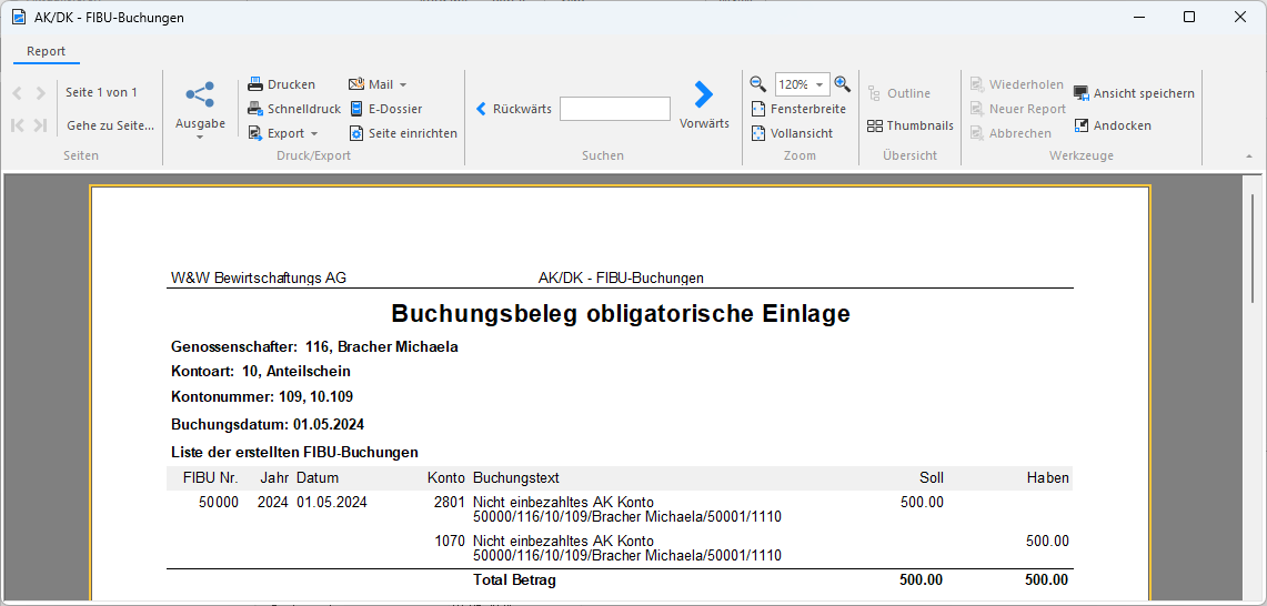 Screenshot: Buchungsbeleg zur Senkung einer obligatorischen Einlage