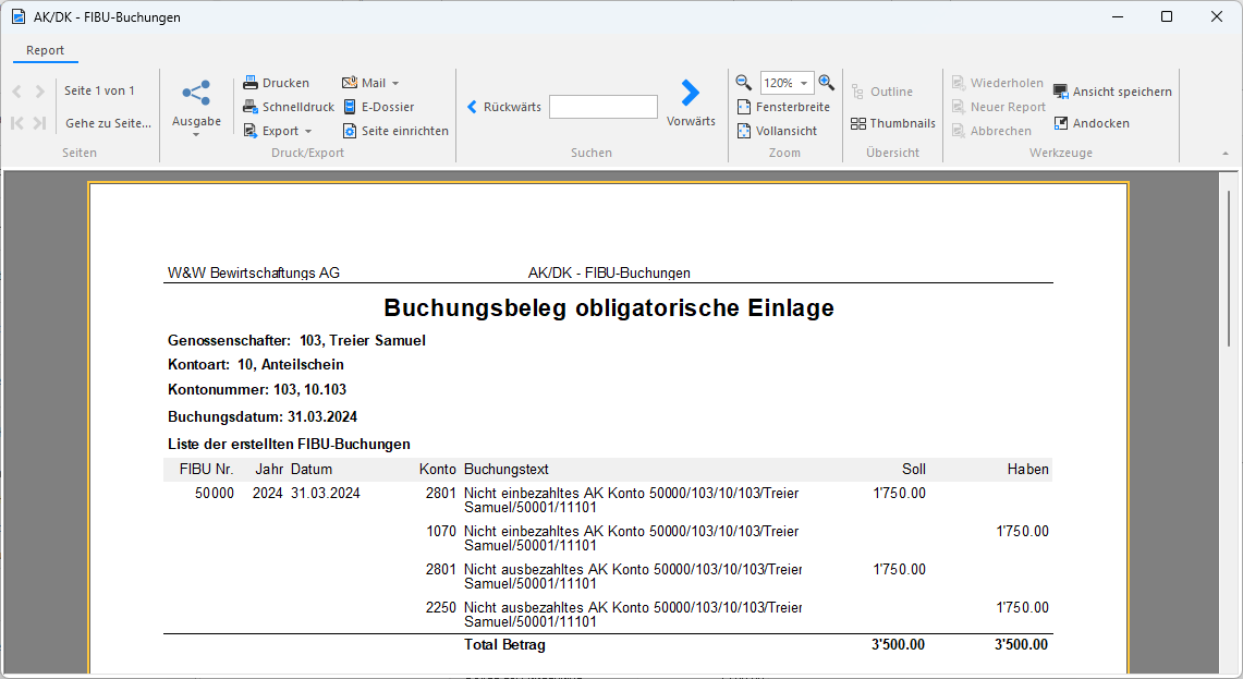 Screenshot: Buchungsbeleg zum Beenden einer obligatorischen Einlage mit teilweiser Auszahlung