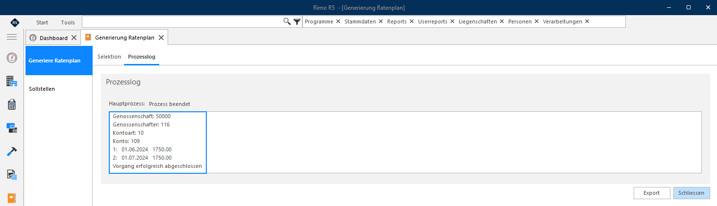 Screenshot: Generierter Ratenplan mit den angelegten Raten