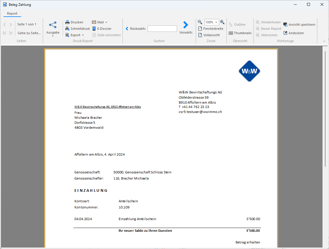 Screenshot: Einzahlungsbeleg nach Verbuchung einer Bankeinzahlung