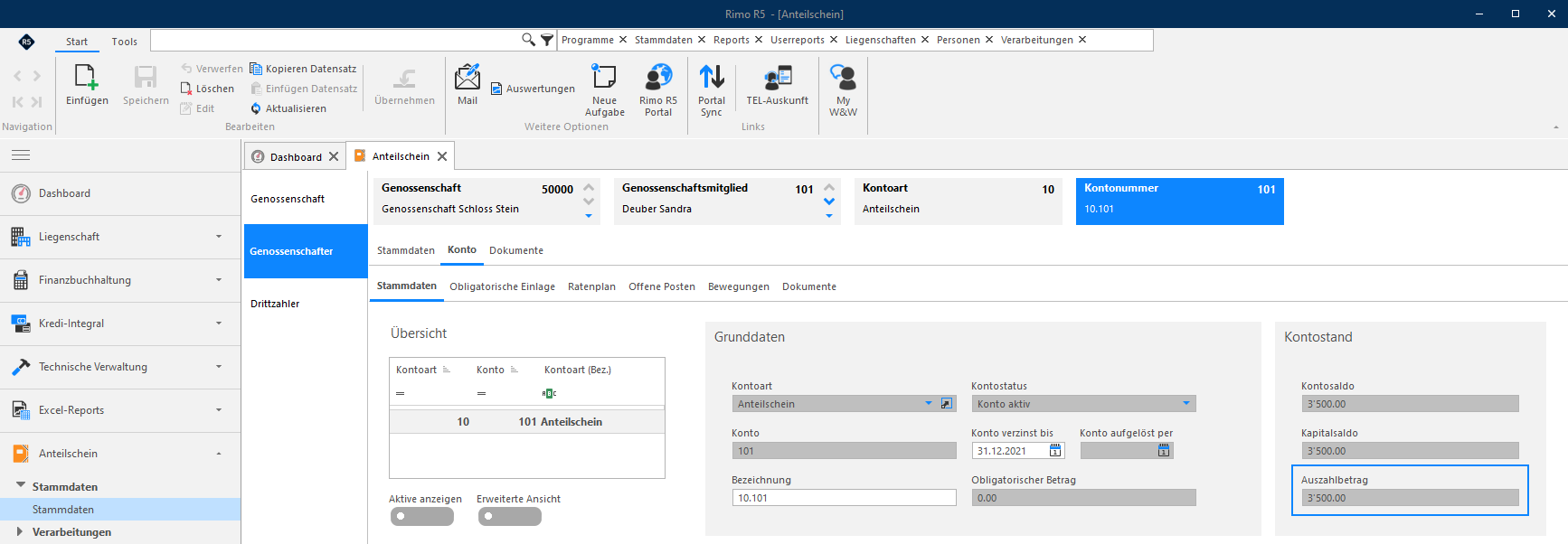Screenshot: Kontostammdaten mit angezeigtem Auszahlbetrag