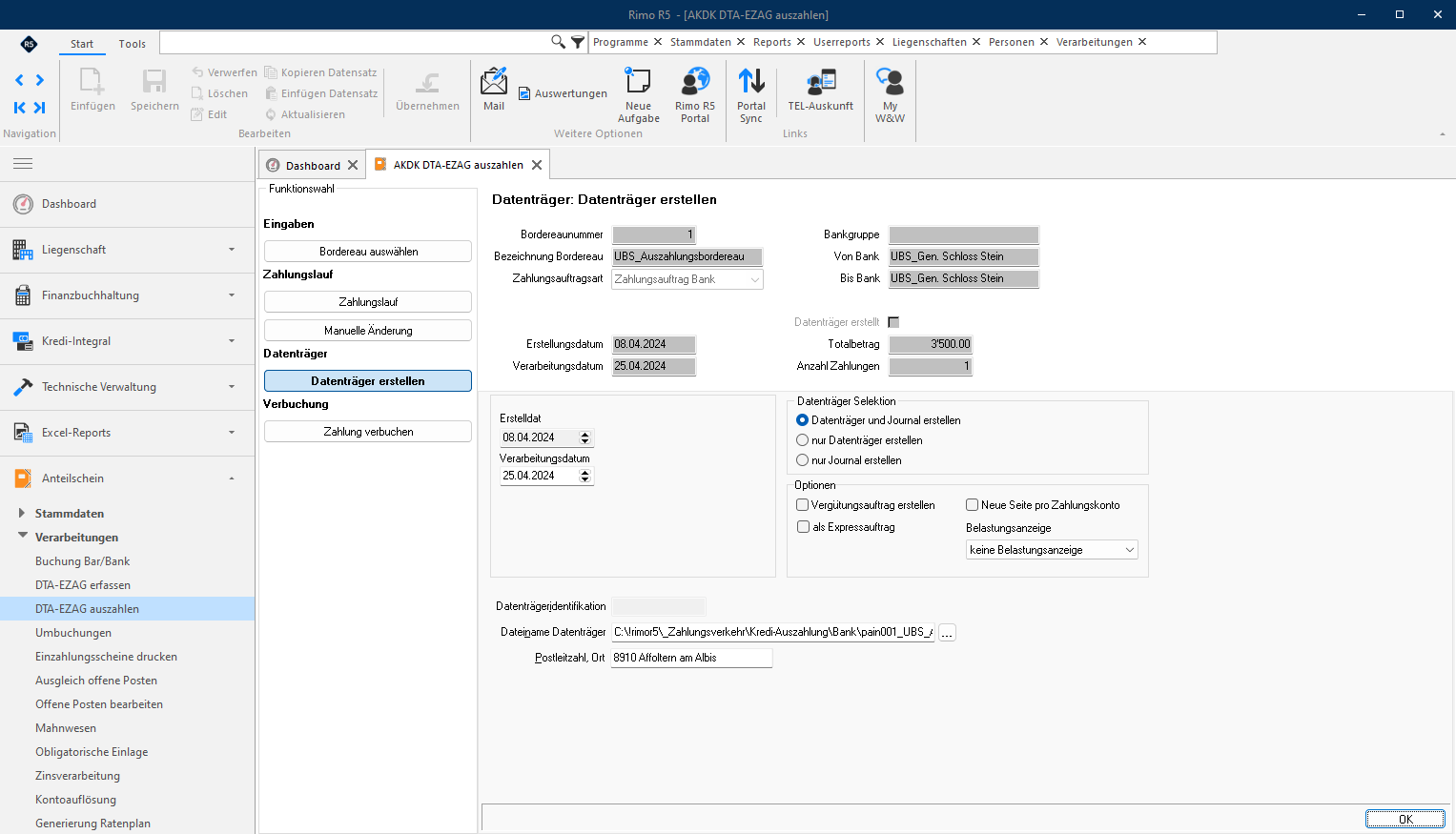 Screenshot: Datenträger erstellen mit Verarbeitungsdatum, Datenträger-Selektion und Optionen
