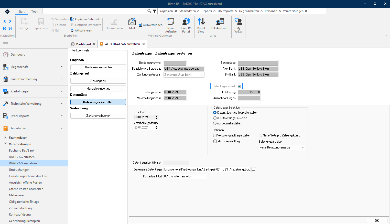 Screenshot: Datenträger erstellen mit gesetztem Flag Datenträger erstellt