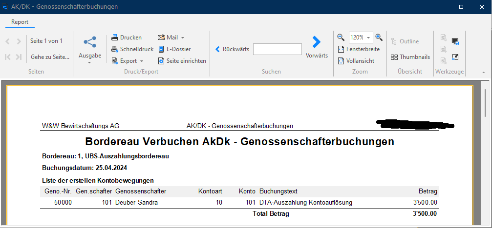 Screenshot: Bordereau verbuchen – AK/DK-Genossenschafterbuchungen