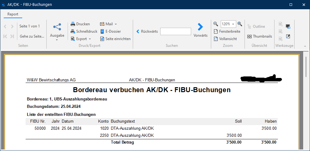 Screenshot: Bordereau verbuchen – AK/DK-FIBU-Buchungen