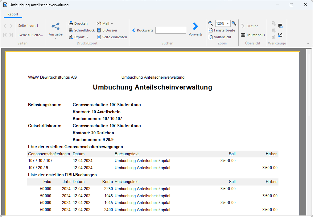 Screenshot: Umbuchungsbeleg für Umbuchung zwischen Genossenschafterkonti