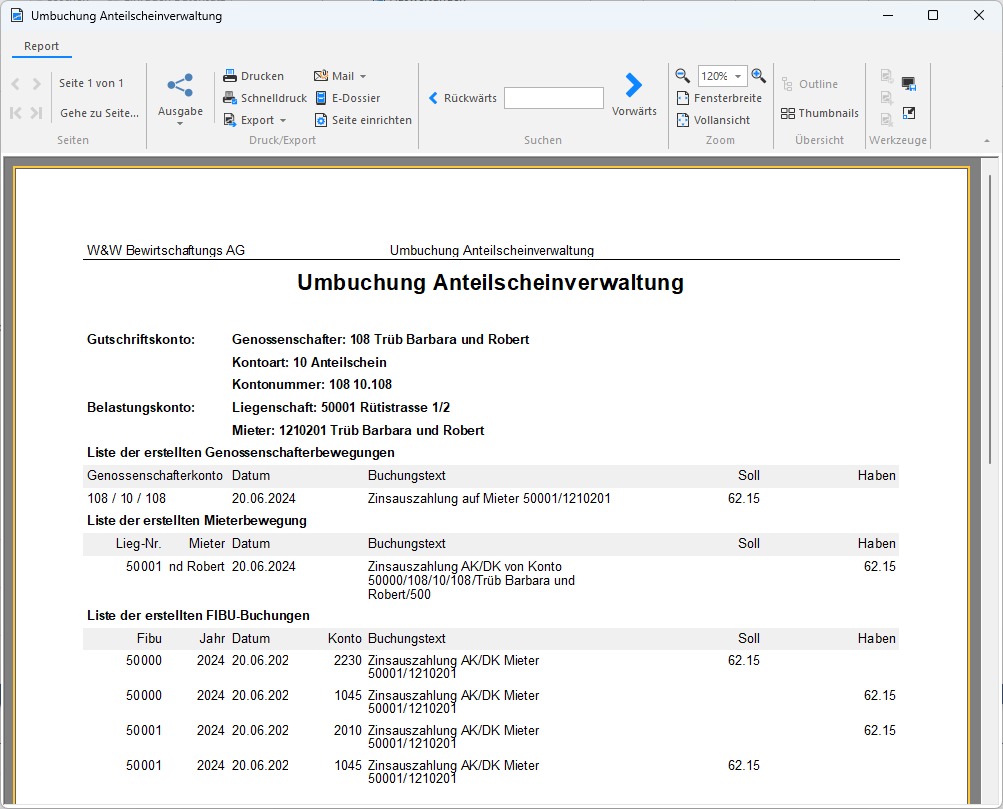 Screenshot: Umbuchungsbeleg für Zinsauszahlung auf ein Mieterkonto