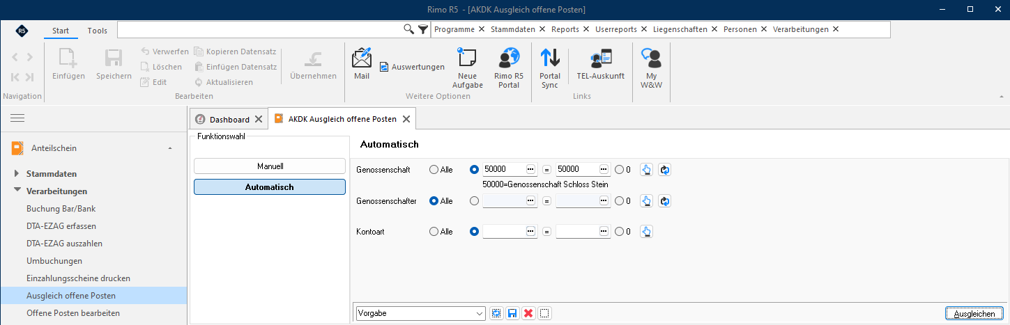 Screenshot: Automatischer Ausgleich offener Posten mit Selektionsfeldern